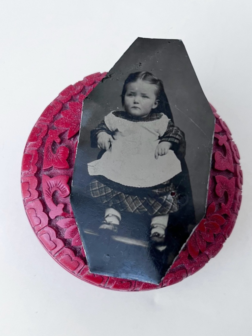 Vintage Tintype Black & White Photo of Victorian Era Girl on Chair, Pin / Brooch